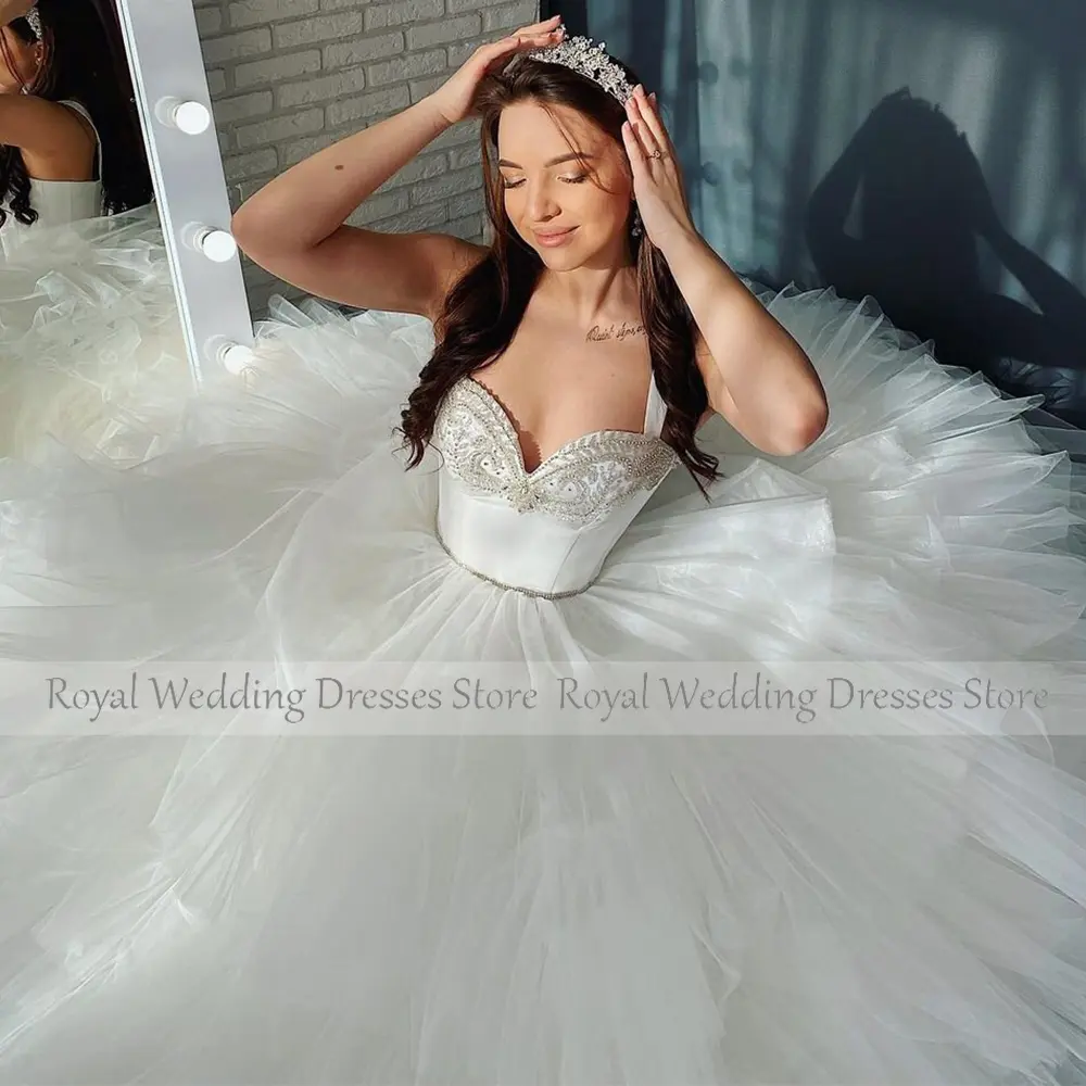 Boho Wedding Dresses Luxury White Net Tiered Beading White Gown A-line Ball Gown Sweetheart 2024 Elegant Party Dresses Woman