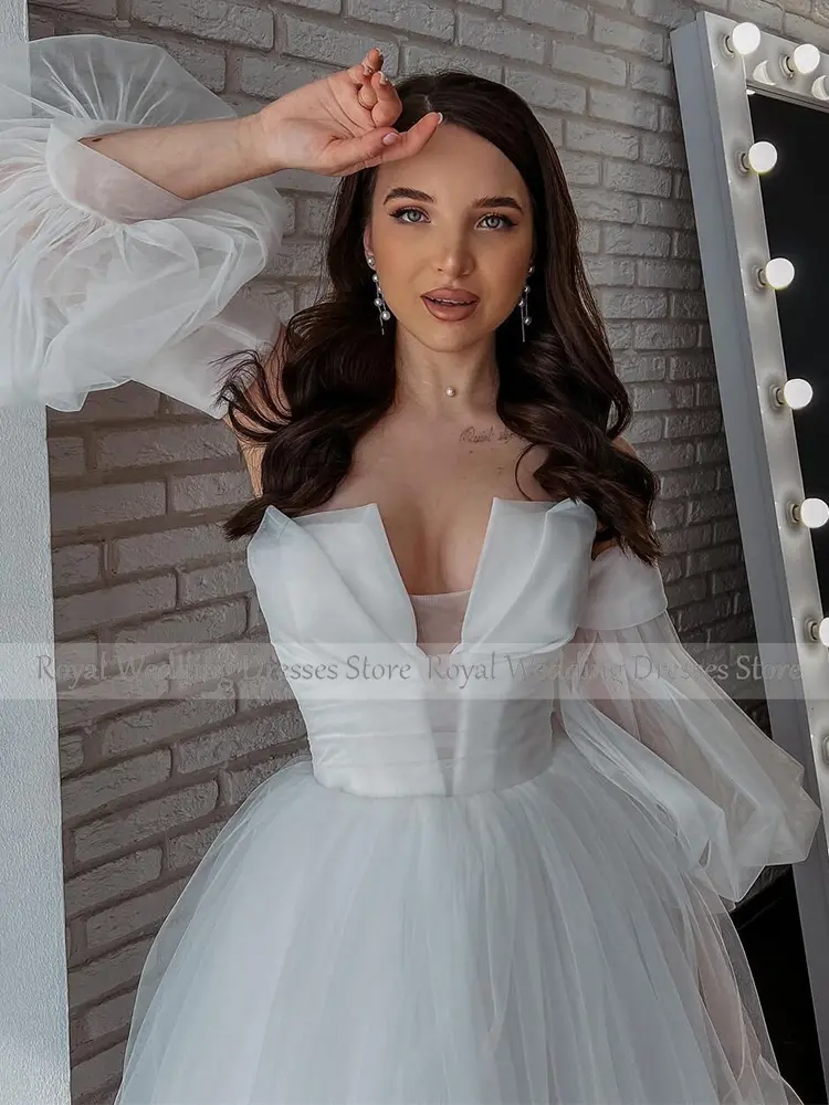 Civil Wedding Dresses White Net Ruffles Ruched Boho Wedding Dresses A-line Off-the-shoulder 2024 Bride Gowns for Women