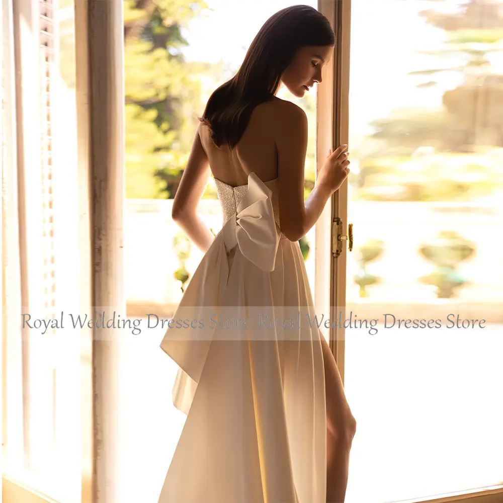 Lvory Classic Satin Wedding Dress Pearl Beading Sequined Pleat Side Fork Bespoke Occasion Gown Straight Strapless Long Dresses