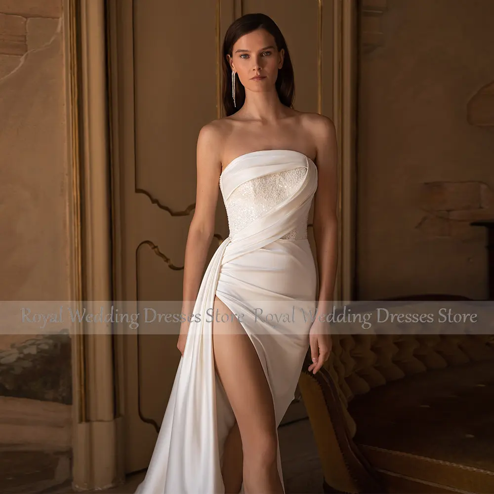 Lvory Classic Satin Wedding Dress Pearl Beading Sequined Pleat Side Fork Bespoke Occasion Gown Straight Strapless Long Dresses