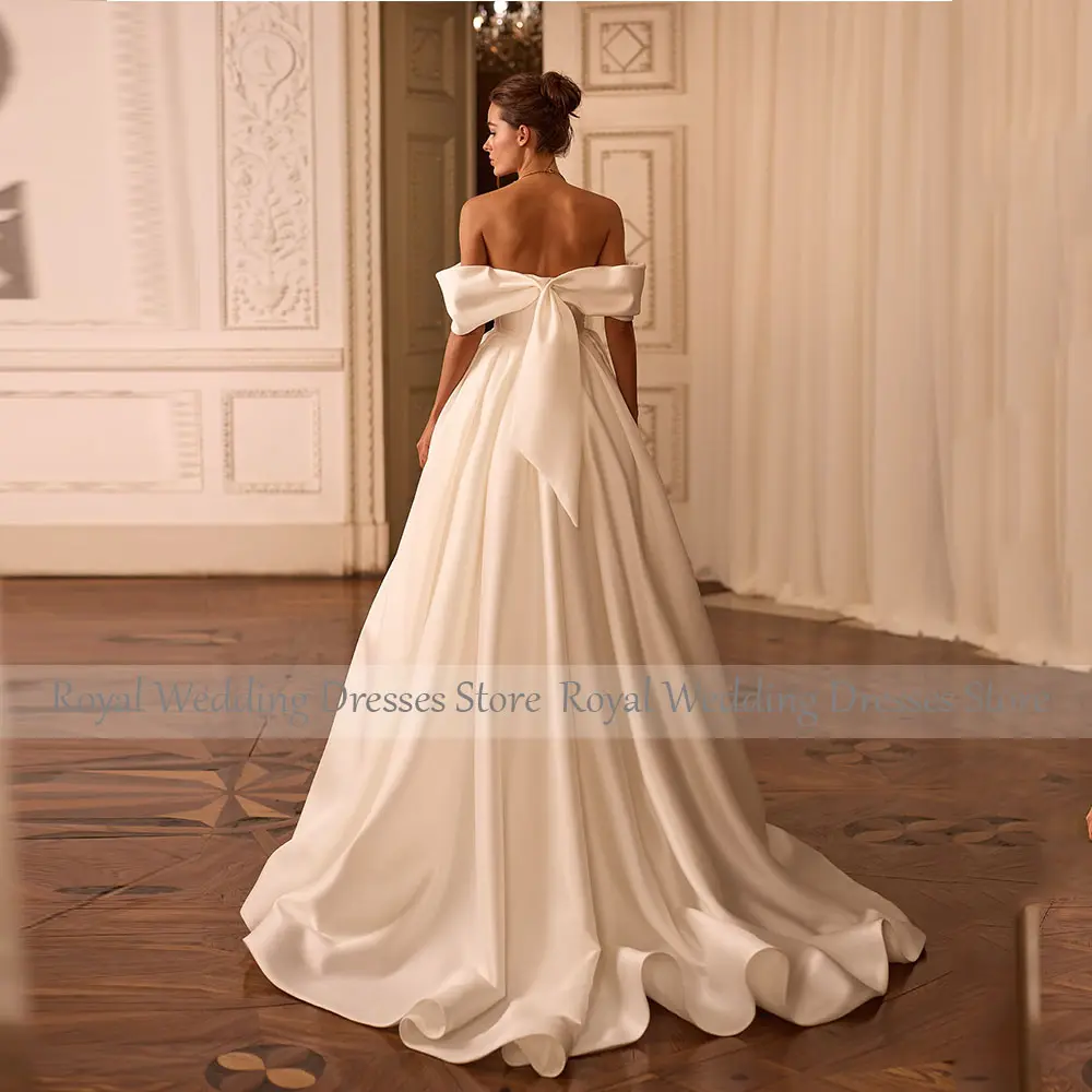 Modern Ivory Satin Mini Short  Wedding Dress For Women Off The Shoulder A Line Wedding Gown Bridal Gown With Detachable Train