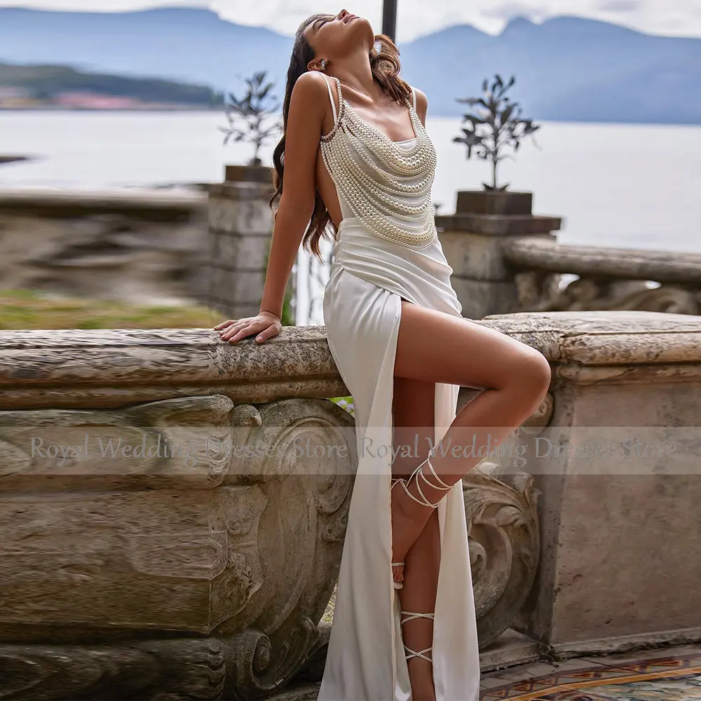Boho Bohemian Wedding Dress White Satin Pearl Pleat Front Fork White Gown Straight Spaghetti strap Long Dresses 2024 Gowns