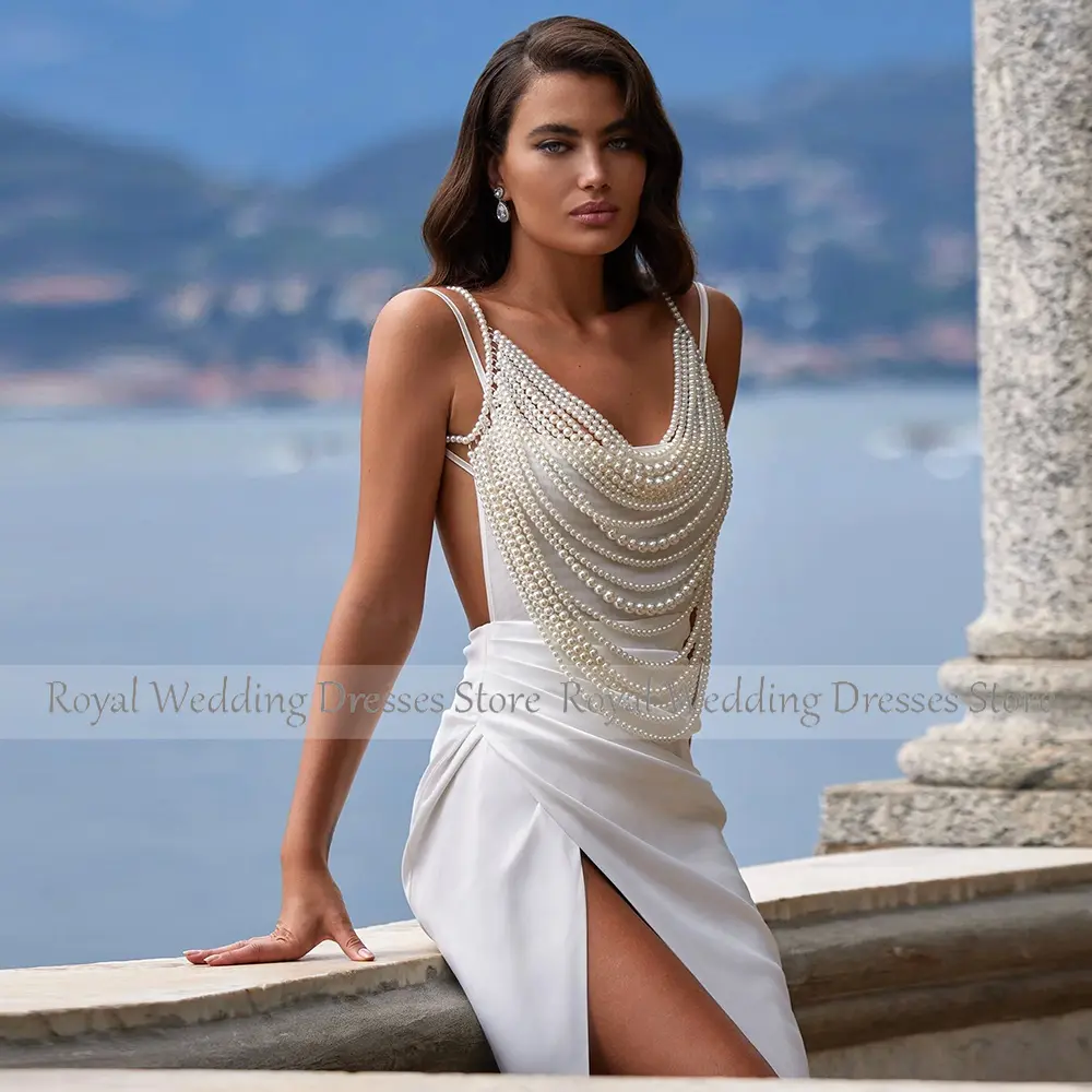 Boho Bohemian Wedding Dress White Satin Pearl Pleat Front Fork White Gown Straight Spaghetti strap Long Dresses 2024 Gowns