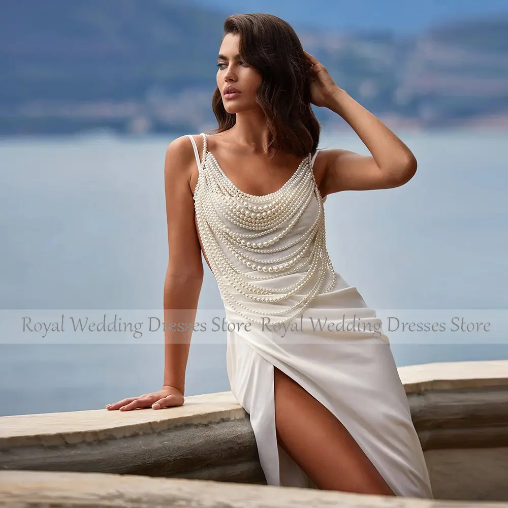 Boho Bohemian Wedding Dress White Satin Pearl Pleat Front Fork White Gown Straight Spaghetti strap Long Dresses 2024 Gowns
