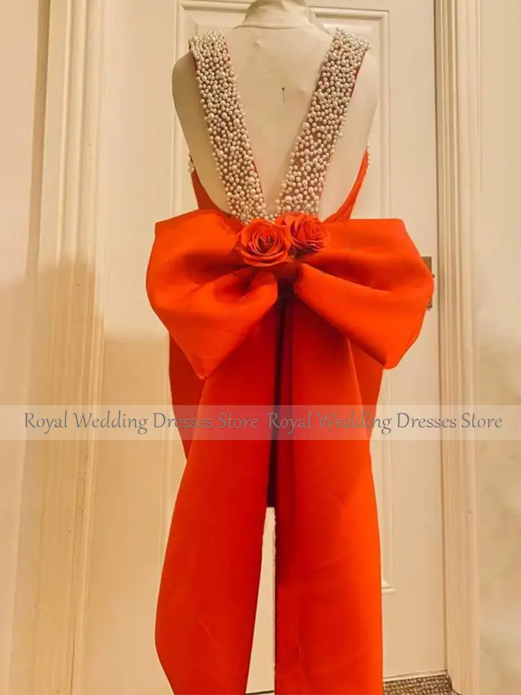 Luxury Cocktail Dresses Satin Sheath Pearls V Neck 3D Flowers Bow Mini Cocktail Gowns Red