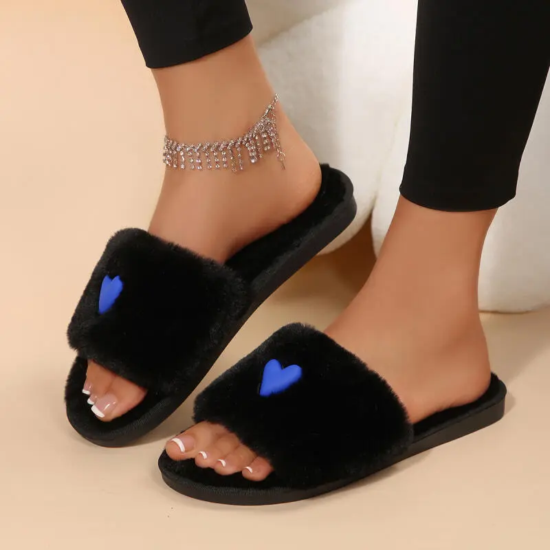 Sweet Heart Decoration Short Plush Indoor Slippers Women 2025 Winter Soft Thick Bottom Bedroom Slides Warm Faux Fur Slippers