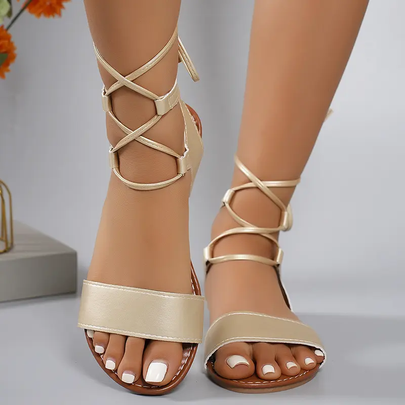 Ankle Lace Up Soft Bottom Women Sandals Summer Fashion Gold Falt Low Platform Sandles Non-slip Large Size 43 Sandalias