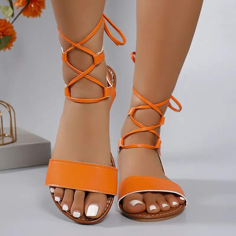 Ankle Lace Up Soft Bottom Women Sandals Summer Fashion Gold Falt Low Platform Sandles Non-slip Large Size 43 Sandalias
