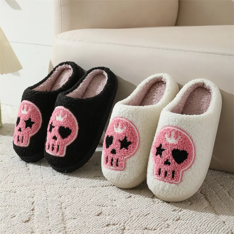 Punk Pink Skull Embroidery Couple Slippers Women 2025 Winter Comfort Flat Heel Cotton Slides Non Slip Plush Indoor Slippers
