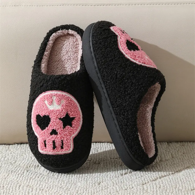 Punk Pink Skull Embroidery Couple Slippers Women 2025 Winter Comfort Flat Heel Cotton Slides Non Slip Plush Indoor Slippers