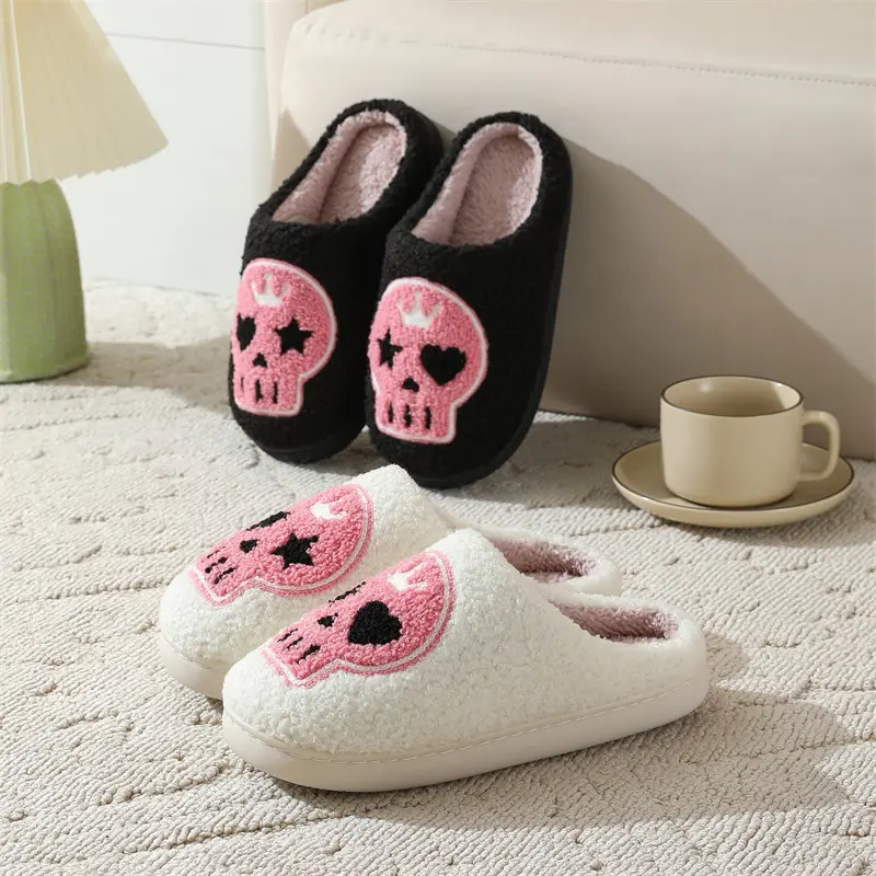 Punk Pink Skull Embroidery Couple Slippers Women 2025 Winter Comfort Flat Heel Cotton Slides Non Slip Plush Indoor Slippers
