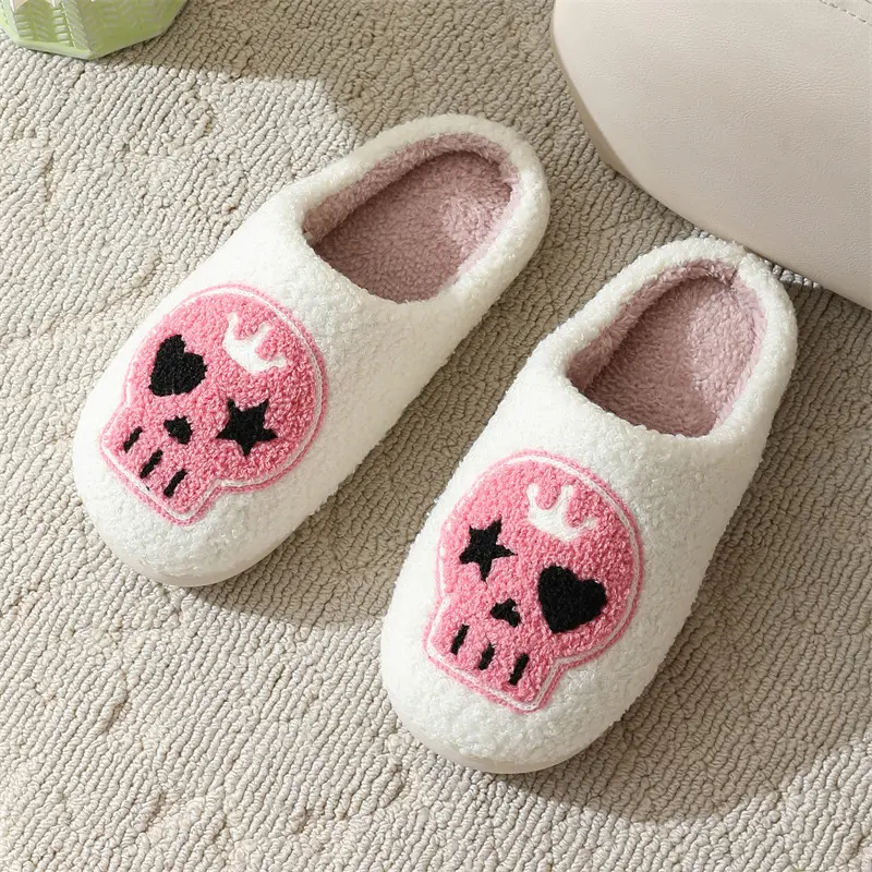 Punk Pink Skull Embroidery Couple Slippers Women 2025 Winter Comfort Flat Heel Cotton Slides Non Slip Plush Indoor Slippers