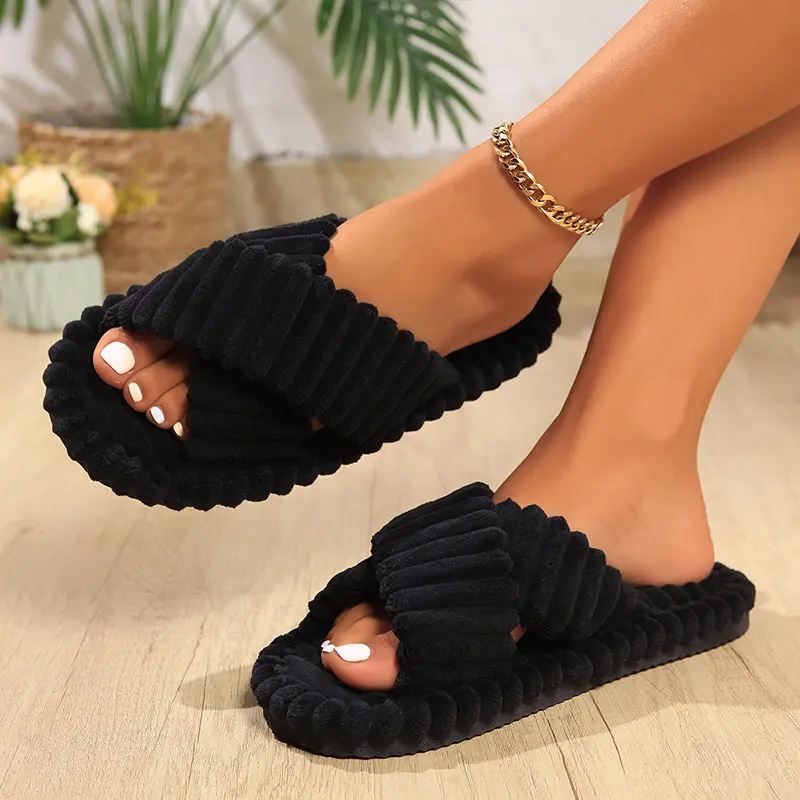 Solid Striped Women's Cotton Fabric Slippers Indoor Cross Strap Open Toe Flat Flip Flops Autumn Lightweight Comfort Slides