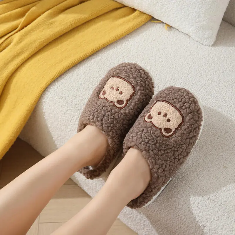 Cartoon Bear Cotton Indoor Home Slippers Woman 2025 Winter Warm Short Plush Slides Non Slip Thick Bottom Couple Bedroom Slippers