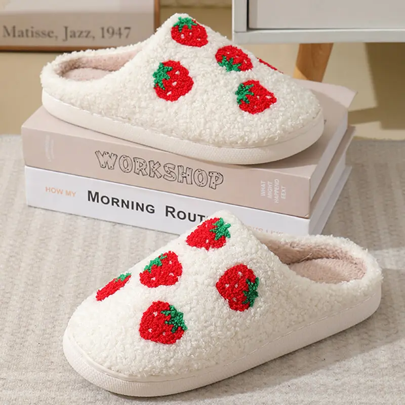 Women Home Cute Cartoon Strawberry Models Cotton Slippers Couple Soft Sole Slip On Suede Slides Winter New Comfort Warm Slippers