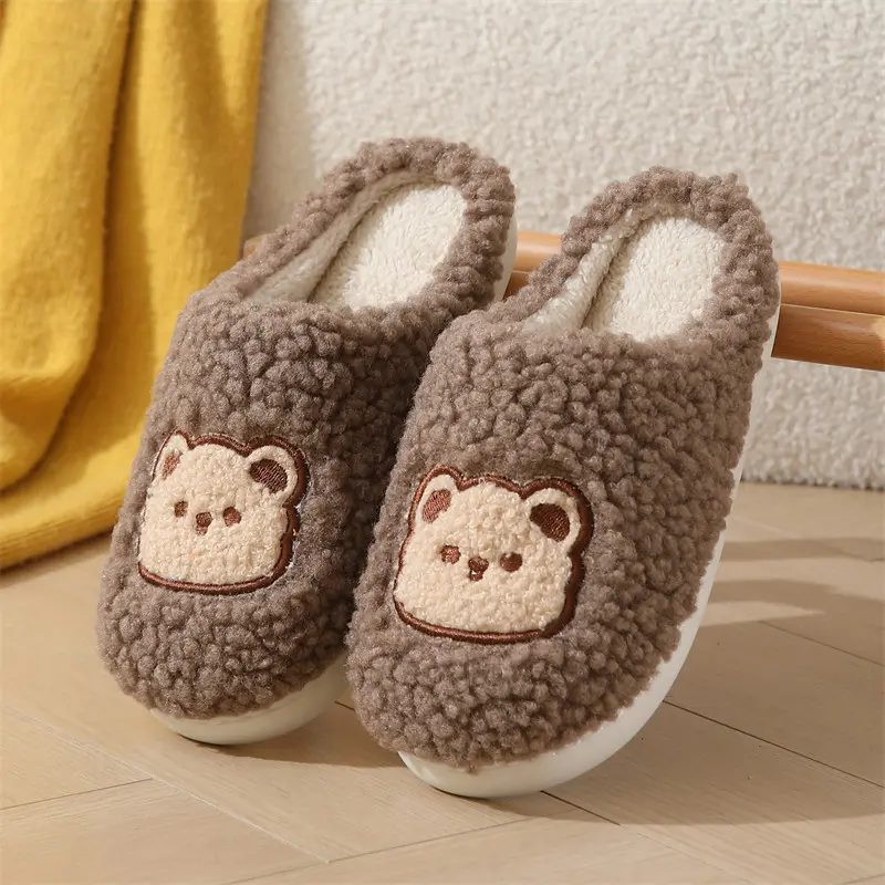 Cartoon Bear Cotton Indoor Home Slippers Woman 2025 Winter Warm Short Plush Slides Non Slip Thick Bottom Couple Bedroom Slippers