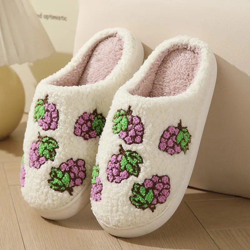 Women Home Cute Cartoon Strawberry Models Cotton Slippers Couple Soft Sole Slip On Suede Slides Winter New Comfort Warm Slippers