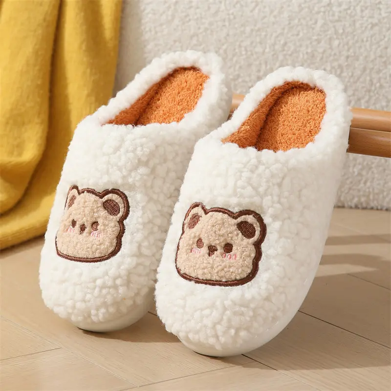 Cartoon Bear Cotton Indoor Home Slippers Woman 2025 Winter Warm Short Plush Slides Non Slip Thick Bottom Couple Bedroom Slippers