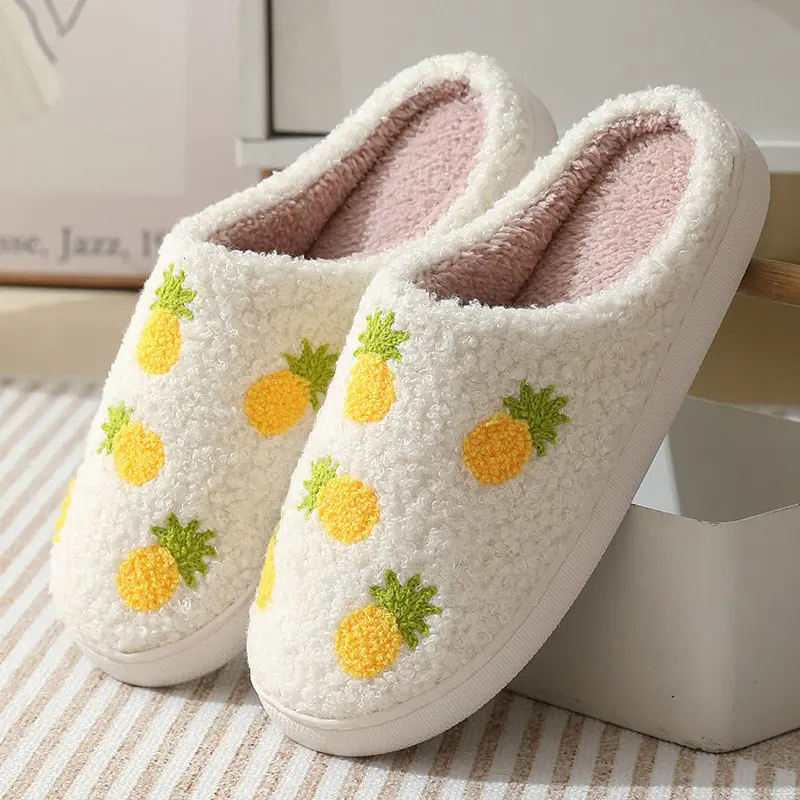 Women Home Cute Cartoon Strawberry Models Cotton Slippers Couple Soft Sole Slip On Suede Slides Winter New Comfort Warm Slippers