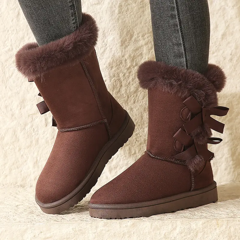 2025 Winter Women's Flock Fluffy Suede Snow Boots Cute Butterfly round Toe Warm Autumn Winter Thick Sole Platform Cotton Shoes