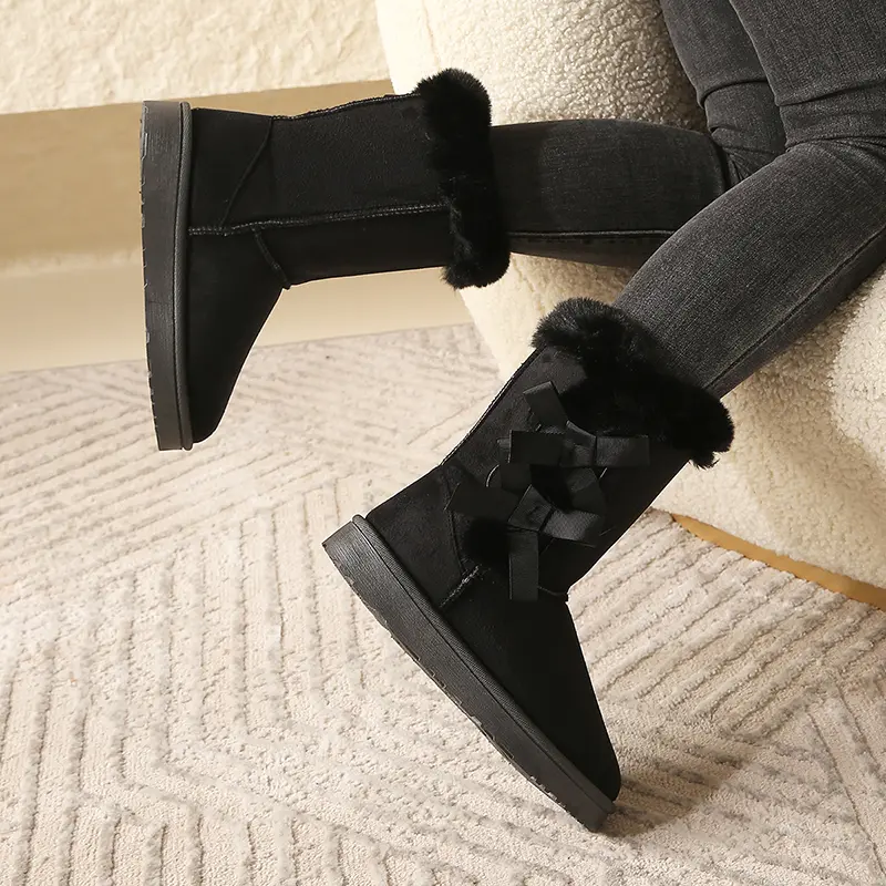 2025 Winter Women's Flock Fluffy Suede Snow Boots Cute Butterfly round Toe Warm Autumn Winter Thick Sole Platform Cotton Shoes