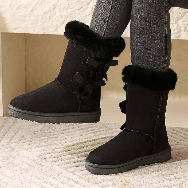 2025 Winter Women's Flock Fluffy Suede Snow Boots Cute Butterfly round Toe Warm Autumn Winter Thick Sole Platform Cotton Shoes