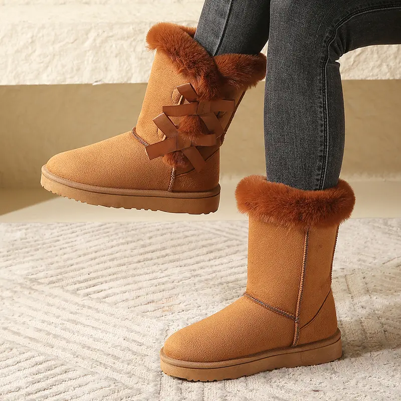 2025 Winter Women's Flock Fluffy Suede Snow Boots Cute Butterfly round Toe Warm Autumn Winter Thick Sole Platform Cotton Shoes