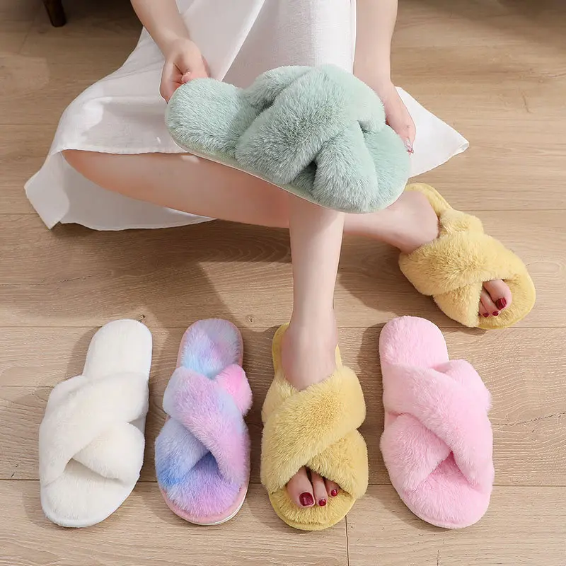 Sexy Cross Leopard Plush Women Slippers Lightweight Soft Sole Cotton Slides Autumn Winter Open-toe Warm Flat Heel Flip Flops
