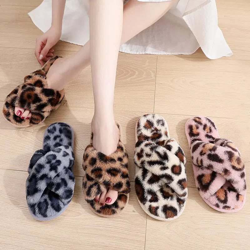 Sexy Cross Leopard Plush Women Slippers Lightweight Soft Sole Cotton Slides Autumn Winter Open-toe Warm Flat Heel Flip Flops