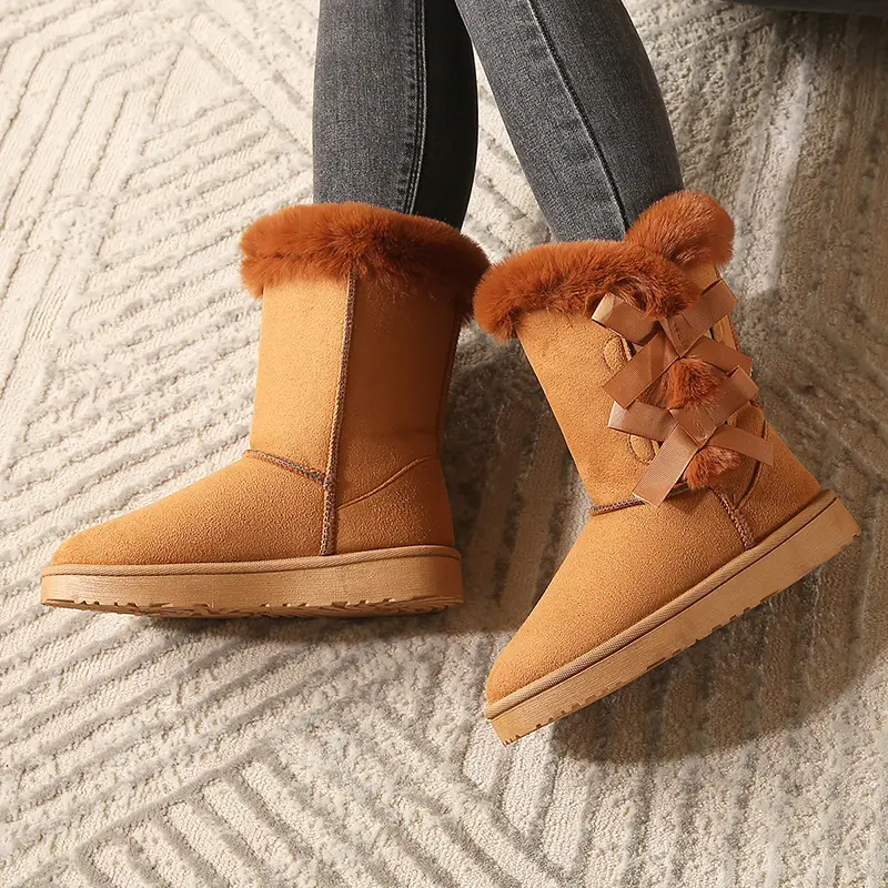 2025 Winter Women's Flock Fluffy Suede Snow Boots Cute Butterfly round Toe Warm Autumn Winter Thick Sole Platform Cotton Shoes
