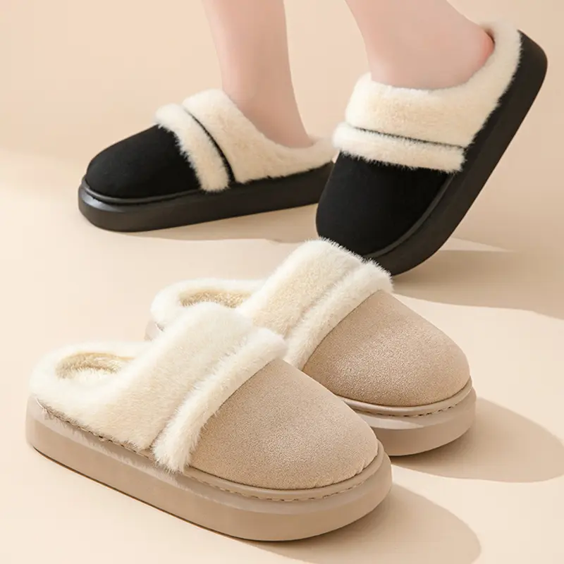 2025 New Fur Slippers For Women Winter Fluffy Fashion Warm Thick Sole Plush Cozy Slides Winter Indoor Cotton Platform Shoes