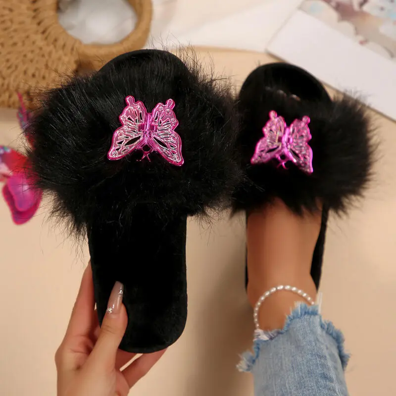 Luxury Faux Fur Indoor Slippers Women 2025 Winter Brand Design Metal Butterfly Decoration Slides Soft Non Slip Furry Slippers