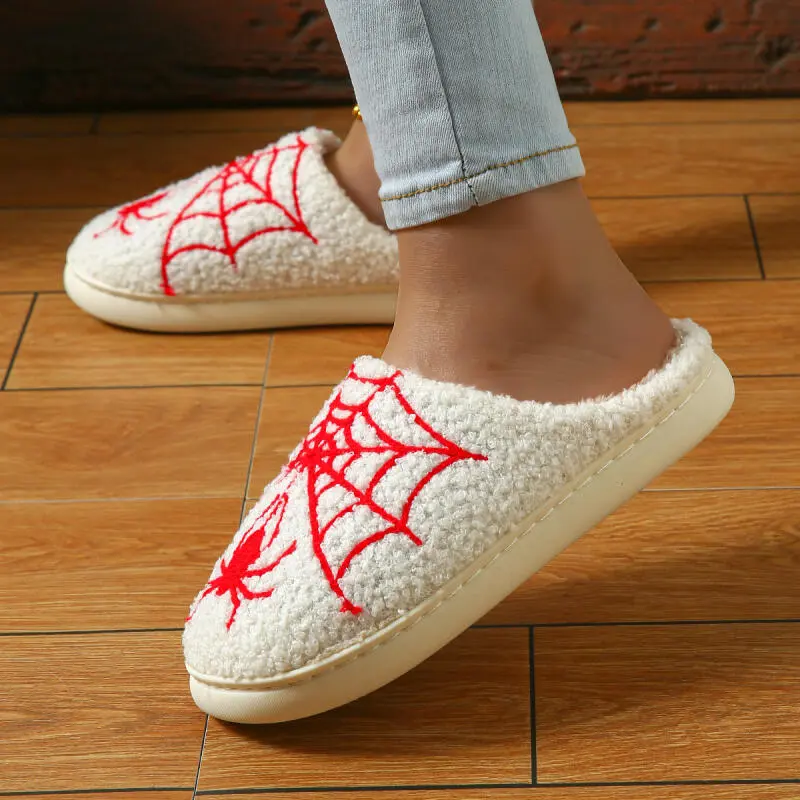 Spider Web Pattern Cotton Comfort Indoor Slippers Women 2025 Winter Fluffy Fur Flat Heel Home Slippers Halloween Shoes Unisex