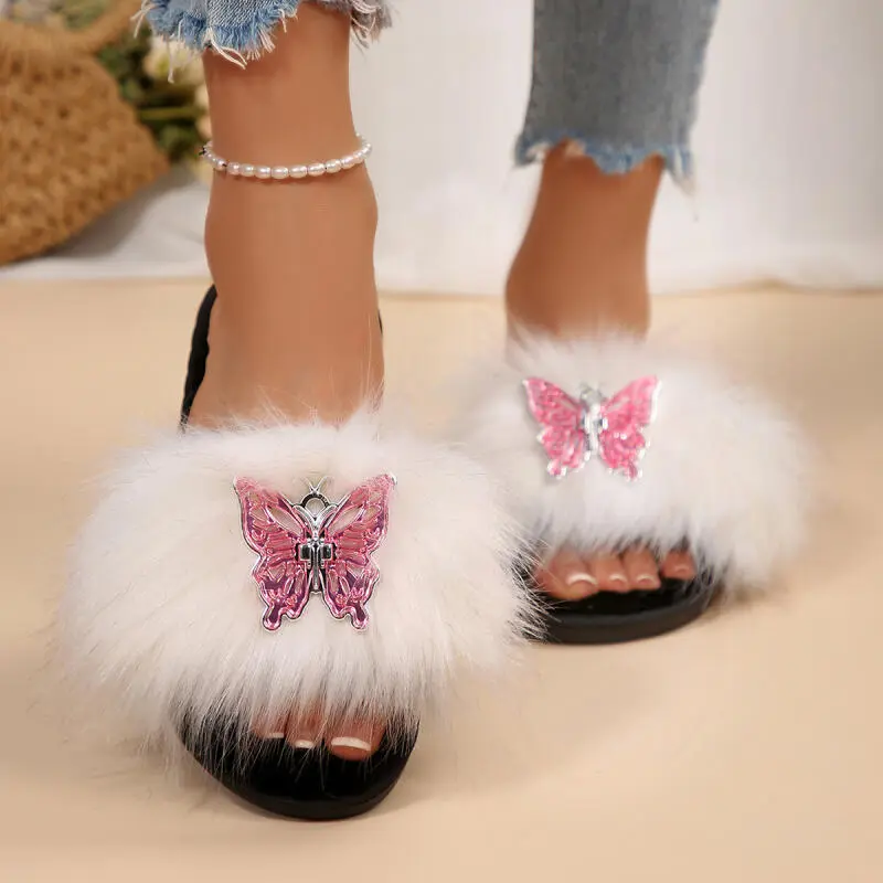Luxury Faux Fur Indoor Slippers Women 2025 Winter Brand Design Metal Butterfly Decoration Slides Soft Non Slip Furry Slippers