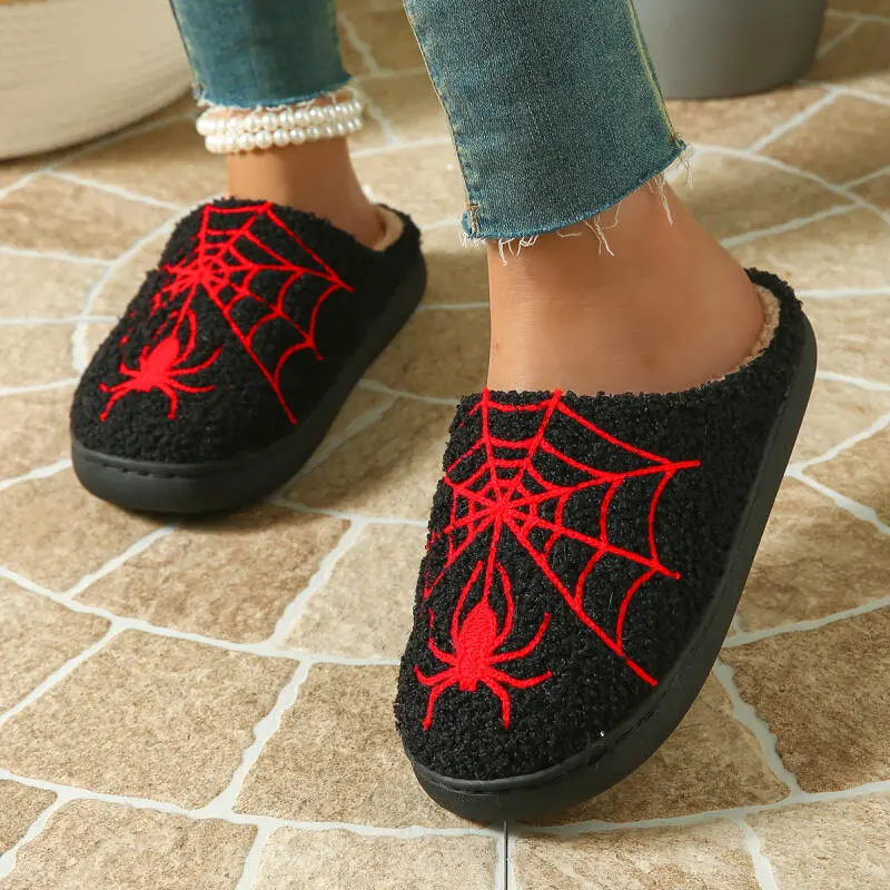 Spider Web Pattern Cotton Comfort Indoor Slippers Women 2025 Winter Fluffy Fur Flat Heel Home Slippers Halloween Shoes Unisex