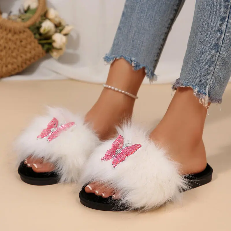 Luxury Faux Fur Indoor Slippers Women 2025 Winter Brand Design Metal Butterfly Decoration Slides Soft Non Slip Furry Slippers