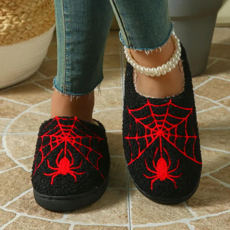 Spider Web Pattern Cotton Comfort Indoor Slippers Women 2025 Winter Fluffy Fur Flat Heel Home Slippers Halloween Shoes Unisex