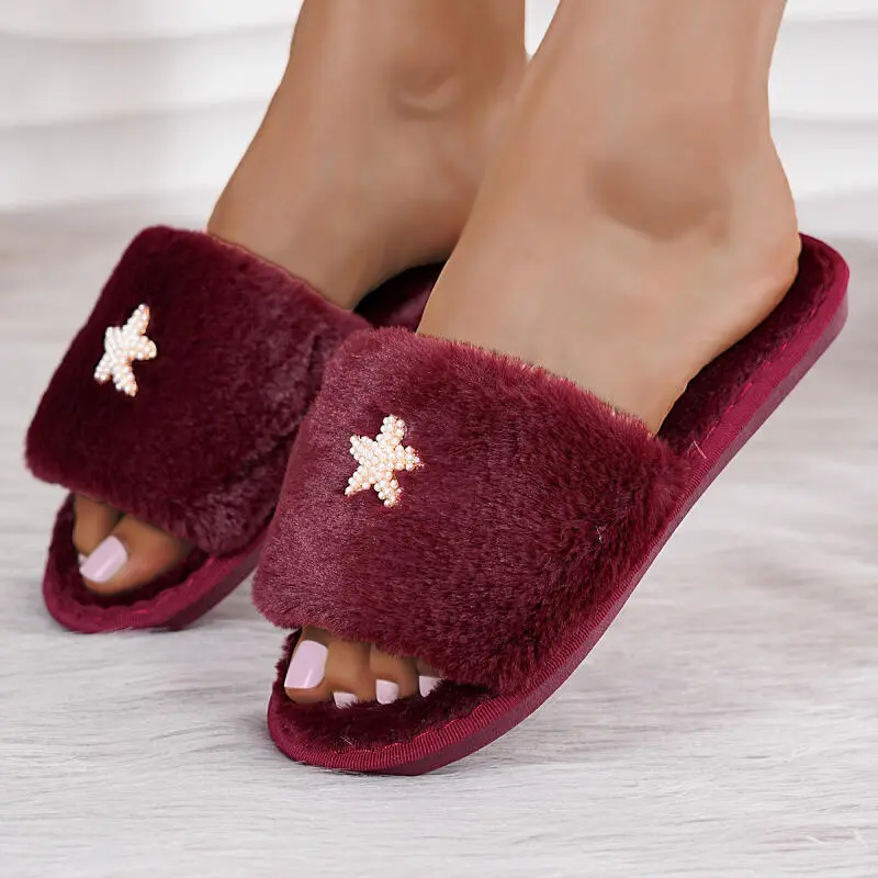 Fashion Pearl Star Warm Furry Slides Women 2025 Winter Luxury Faux Fur Slippers Comfort Thick Thick Non Slip Cotton Slippers