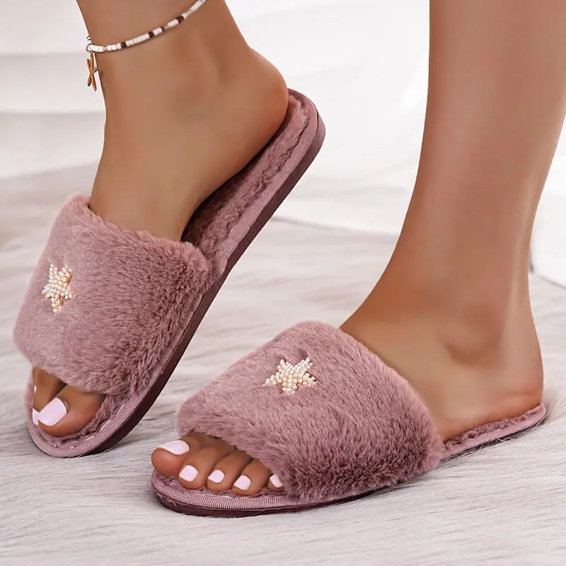 Fashion Pearl Star Warm Furry Slides Women 2025 Winter Luxury Faux Fur Slippers Comfort Thick Thick Non Slip Cotton Slippers
