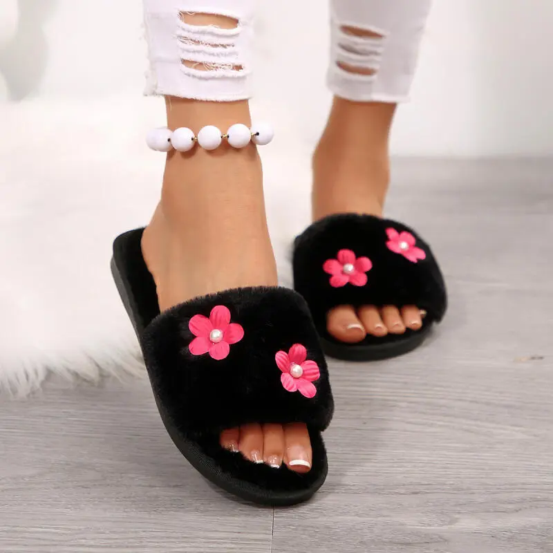 Sweet Embroidered Flowers Fur Slippers Women 2025 Winter Warm Short Plush Non Slip Indoor Slides Comfort Flat Heel Slippers