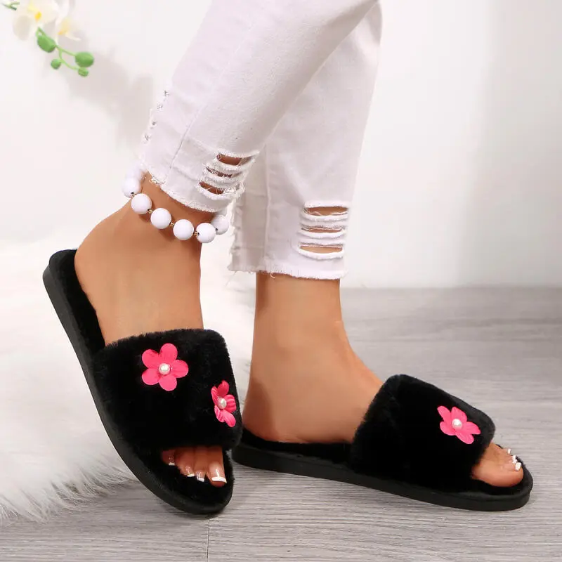 Sweet Embroidered Flowers Fur Slippers Women 2025 Winter Warm Short Plush Non Slip Indoor Slides Comfort Flat Heel Slippers