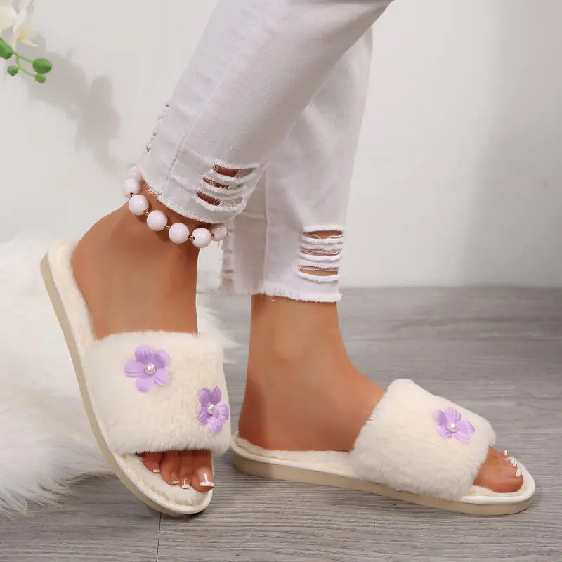 Sweet Embroidered Flowers Fur Slippers Women 2025 Winter Warm Short Plush Non Slip Indoor Slides Comfort Flat Heel Slippers
