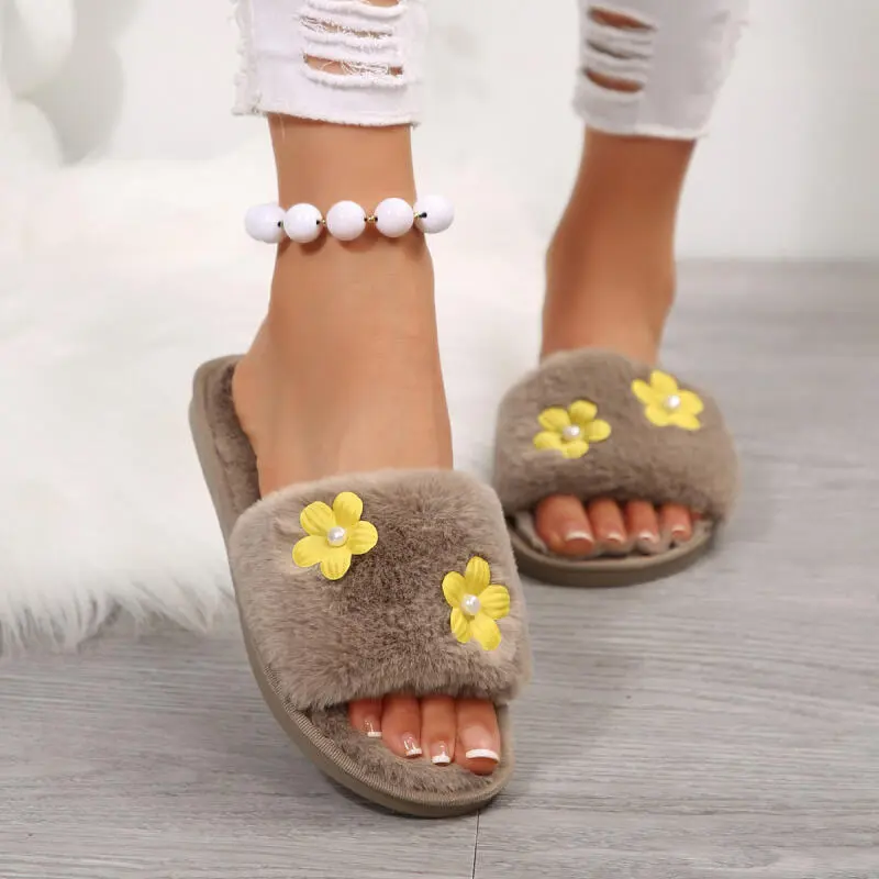 Sweet Embroidered Flowers Fur Slippers Women 2025 Winter Warm Short Plush Non Slip Indoor Slides Comfort Flat Heel Slippers