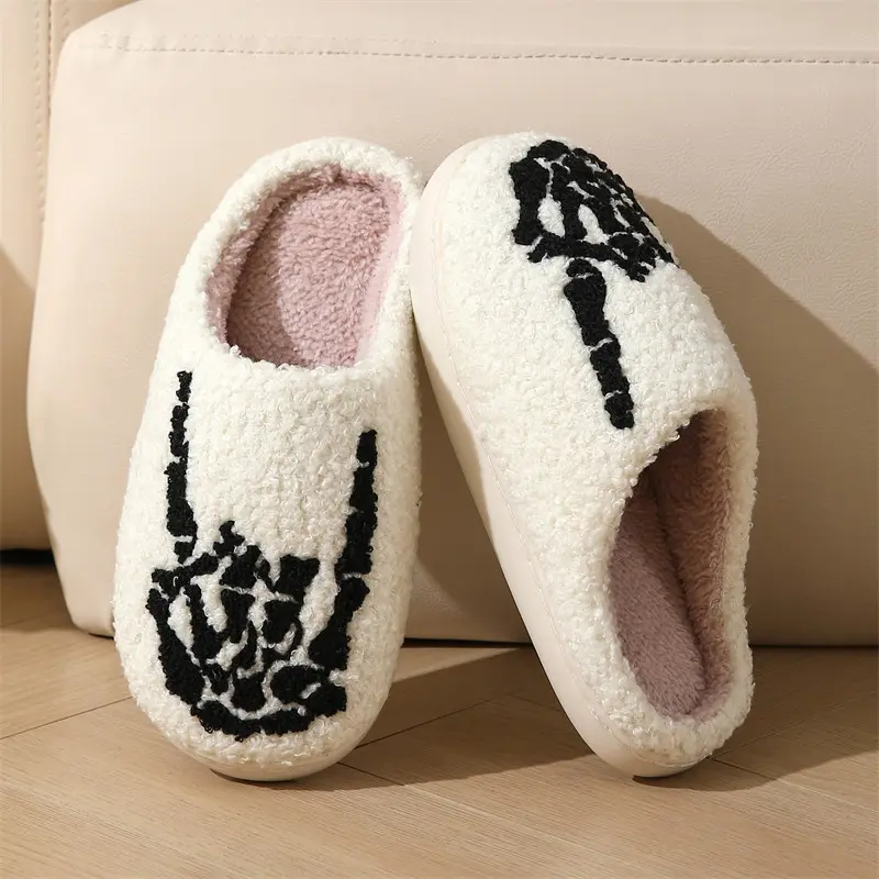 Halloween Skull Embroidery Couple Slippers 2025 Winter Punk Warm Short Plush Slides Women Comfort Fur Non Slip Bedroom Slippers
