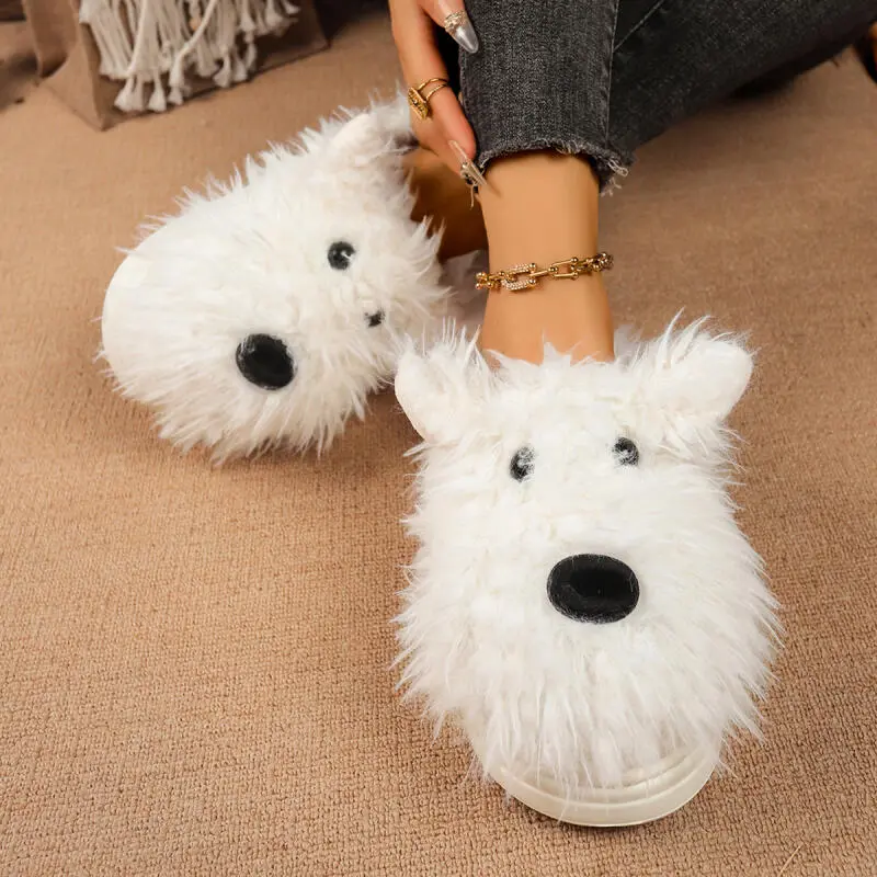 Cartoon Puppy Fluffy Fur Indoor Slippers Women 2025 Winter Thick Bottom Furry Mules Slippers Warm Plush Home Slides for Womon