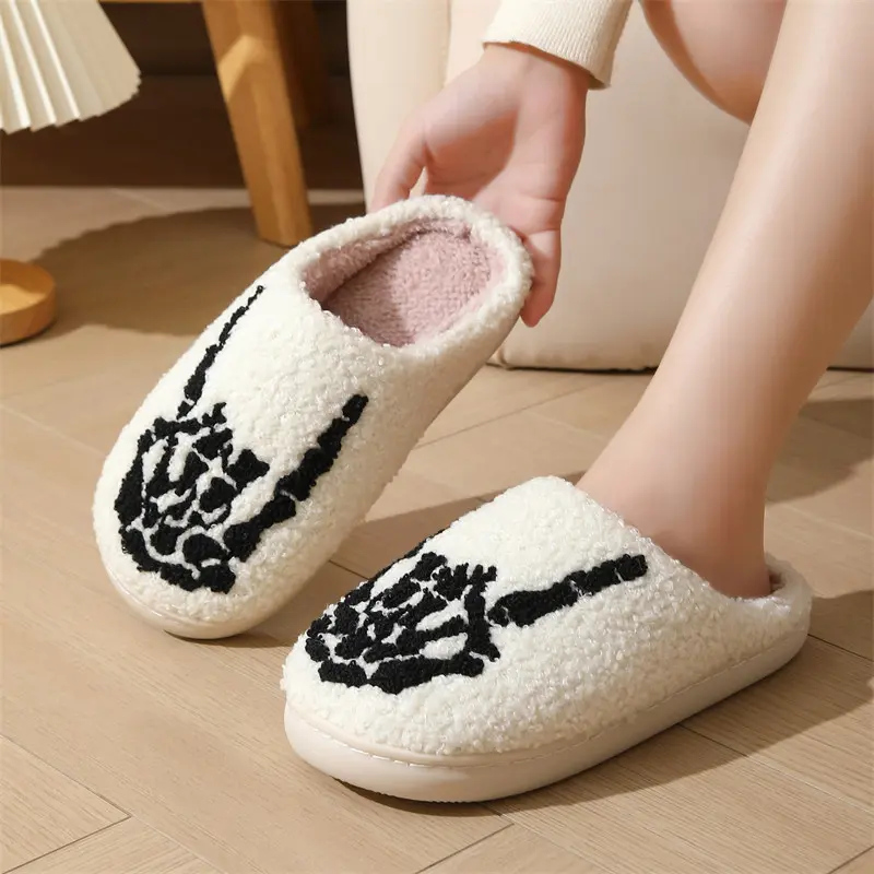 Halloween Skull Embroidery Couple Slippers 2025 Winter Punk Warm Short Plush Slides Women Comfort Fur Non Slip Bedroom Slippers
