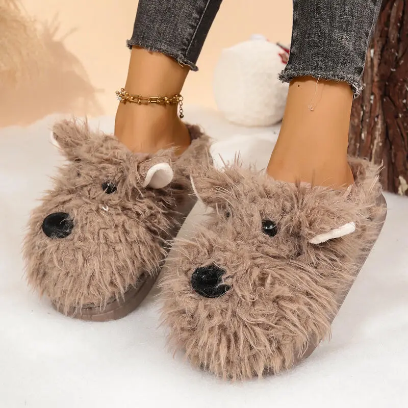 Cartoon Puppy Fluffy Fur Indoor Slippers Women 2025 Winter Thick Bottom Furry Mules Slippers Warm Plush Home Slides for Womon