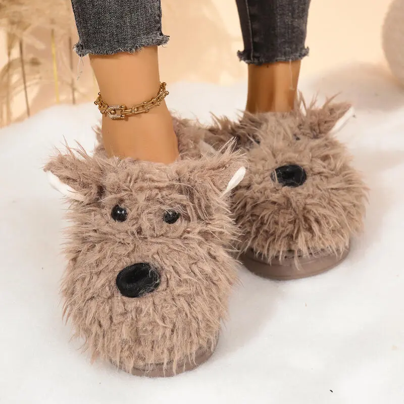 Cartoon Puppy Fluffy Fur Indoor Slippers Women 2025 Winter Thick Bottom Furry Mules Slippers Warm Plush Home Slides for Womon