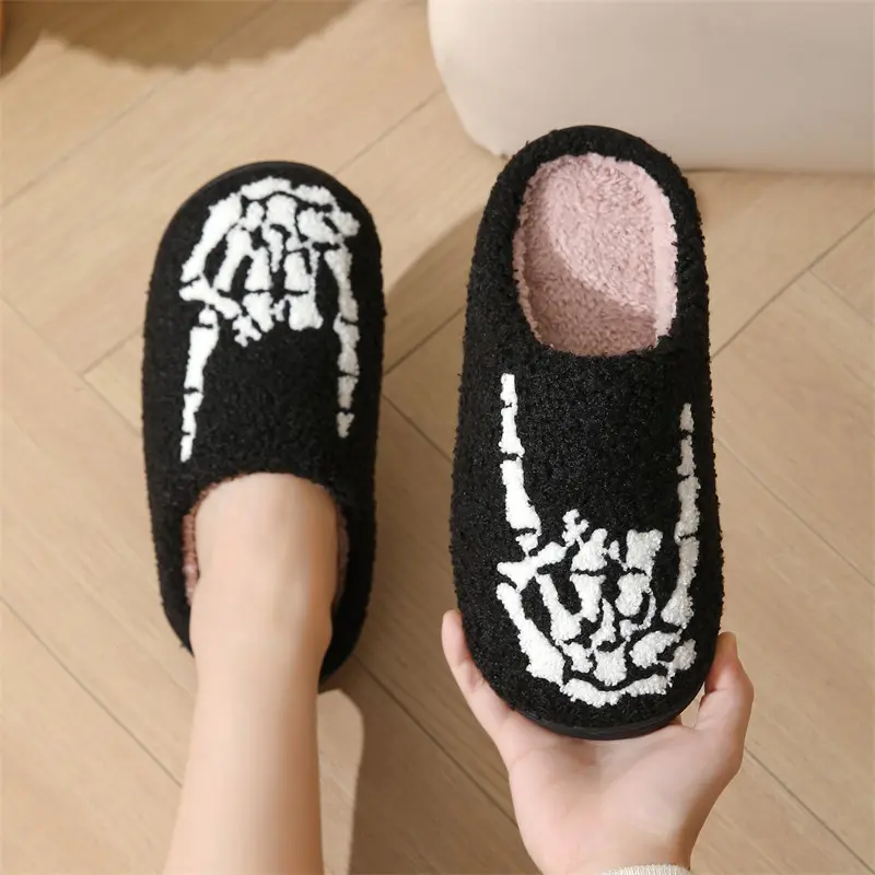 Halloween Skull Embroidery Couple Slippers 2025 Winter Punk Warm Short Plush Slides Women Comfort Fur Non Slip Bedroom Slippers