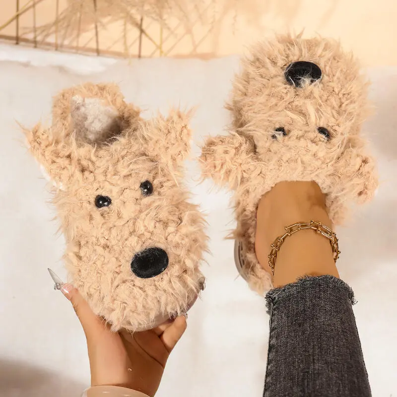 Cartoon Puppy Fluffy Fur Indoor Slippers Women 2025 Winter Thick Bottom Furry Mules Slippers Warm Plush Home Slides for Womon